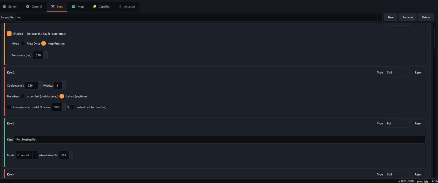 Bars tab — per-key skill rotation, cooldowns, fire conditions and potion thresholds